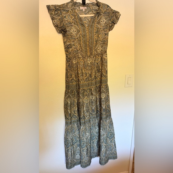 NEW Boemo Anthropologie Paisley Green Ruffle Maxi Dress Tiered Medium NWT - Picture 1 of 7